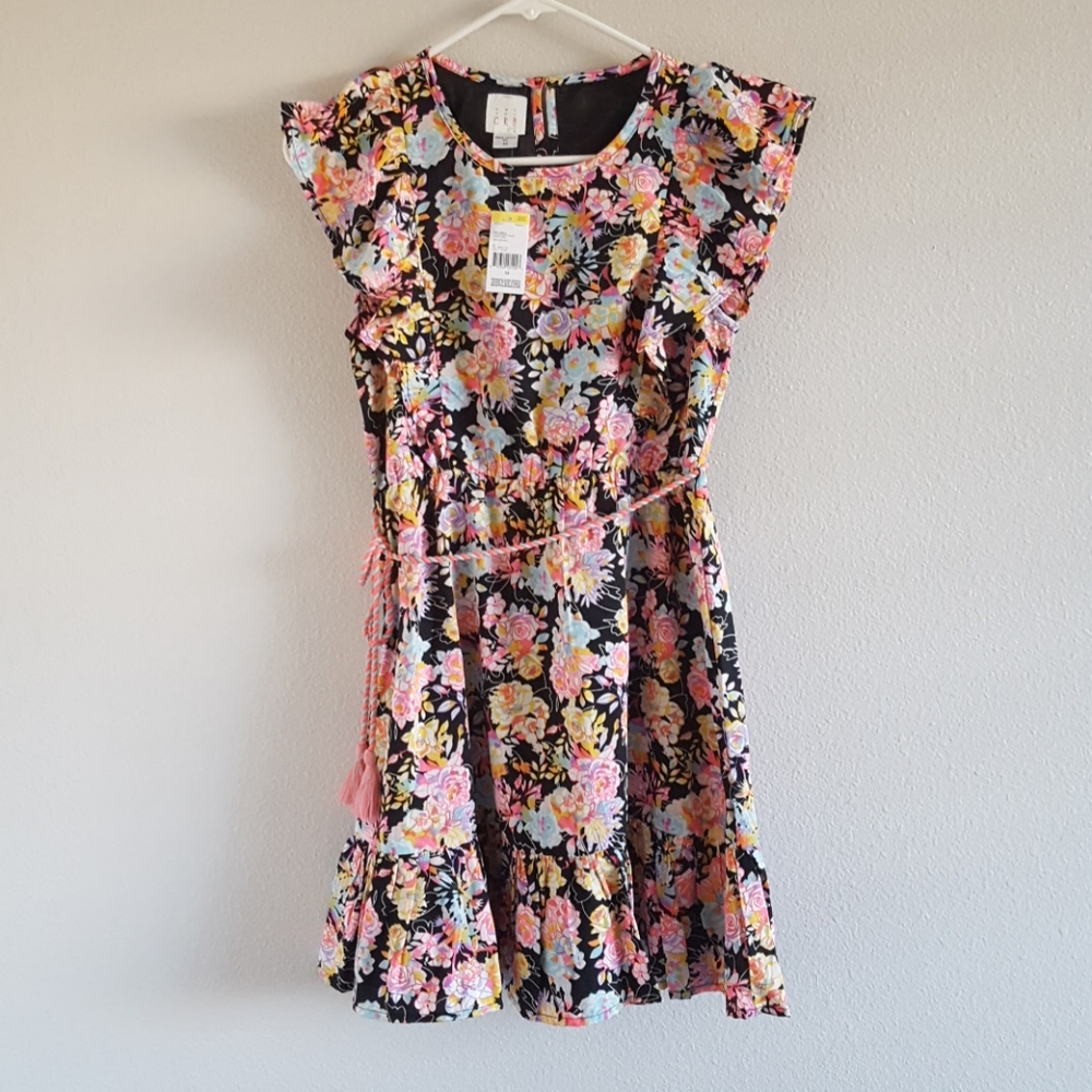 Girls Black Floral Chiffon Ruffle Dress size 14